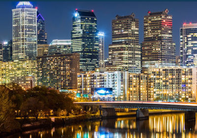 City lit up at night